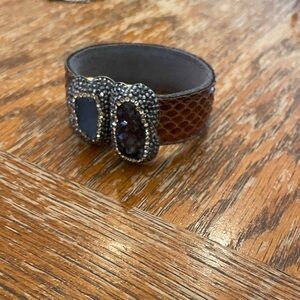 Brown Leather Bracelet with Crystal Accents